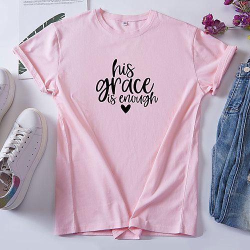 

Women's T shirt Graphic Text Letter Round Neck Tops 100% Cotton Basic Basic Top White Black Red