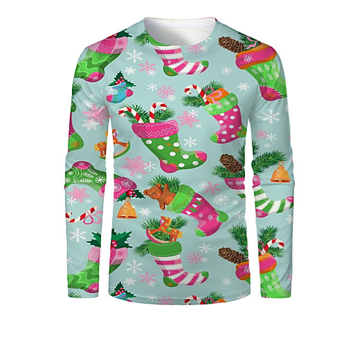 

Men's T shirt 3D Print Graphic 3D Print Long Sleeve Christmas Tops Light Green