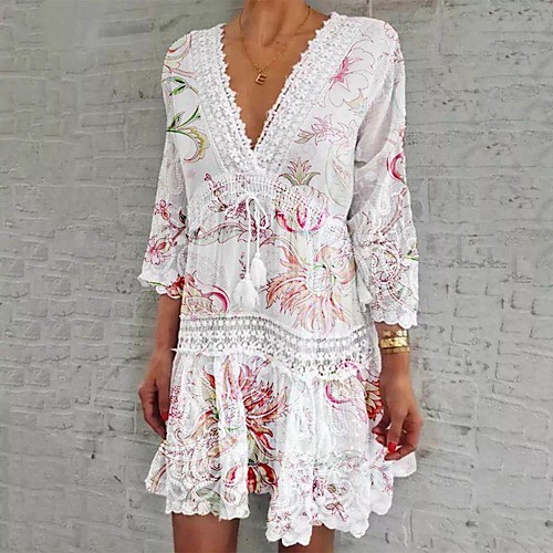 

Women's A Line Dress Maxi long Dress White Blue Red Gray Light Blue 3/4 Length Sleeve Floral Lace up Jacquard Print Fall Summer V Neck Casual Boho 2021 S M L XL XXL 3XL 4XL