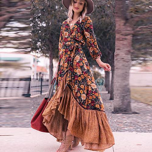 

Women's Swing Dress Maxi long Dress Rainbow Long Sleeve Floral Split Ruffle Print Fall Spring V Neck Elegant 2021 S M L XL