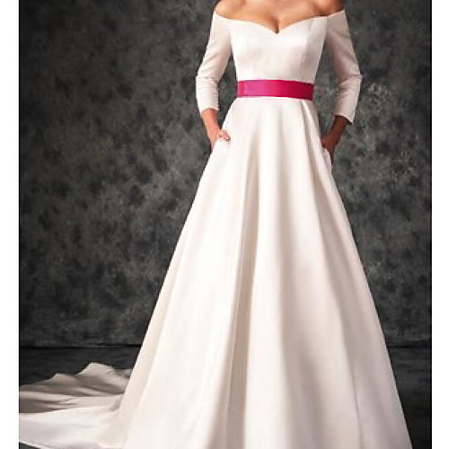 

A-Line Wedding Dresses Off Shoulder Sweep / Brush Train Satin 3/4 Length Sleeve Country Plus Size with Sashes / Ribbons 2021