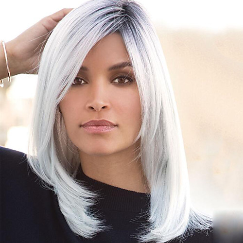 

Synthetic Wig kinky Straight Asymmetrical Wig Medium Length Grey Synthetic Hair 14 inch Women's Fashionable Design Exquisite Fluffy Gray