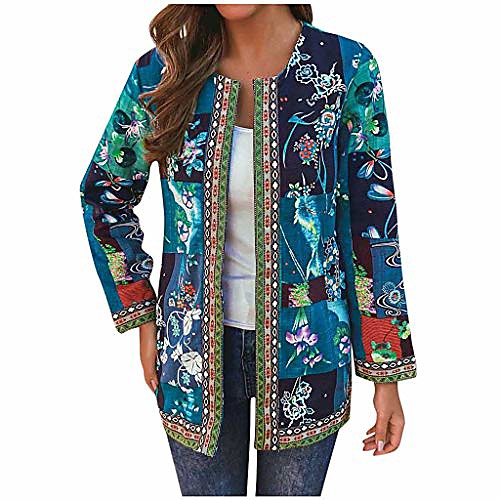 

women autumn winter vintage ethnic print long sleeve cardigan jacket coat e-scenery blue