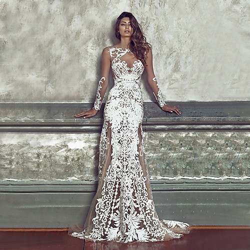 

Women's Trumpet / Mermaid Dress Maxi long Dress White Long Sleeve Solid Color Lace Patchwork Fall Round Neck Elegant Sexy 2021 S M L XL