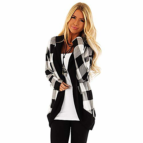 

women casual front open long sleeve plaids outwear casual jackets grey