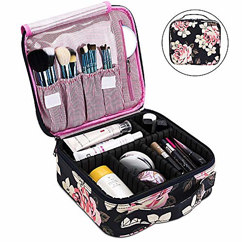 

makeup bag travel cosmetic bag for women nylon cute makeup case large professional cosmetic train case organizer with adjustable dividers for cosmetics make up tools toiletry jewelry,dark blue peony