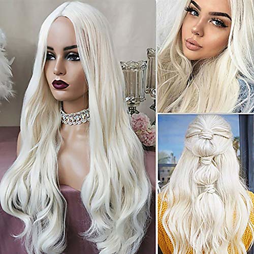 

platinum blonde synthetic wigs for women long wavy curly full wigs none lace heat resistant fiber cosplay daily party