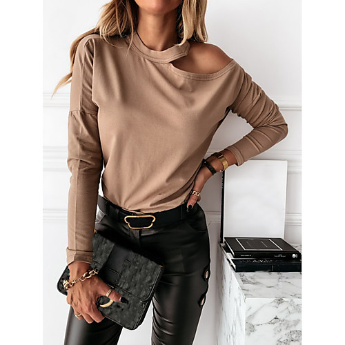 

Women's Blouse Shirt Solid Colored Long Sleeve Patchwork Off Shoulder Tops Slim Basic Basic Top White Black Blushing Pink