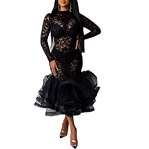 

sexy party dress for women - floral lace long sleeve pleated mesh patchwork bodycon clubwear bodysuit dress black s
