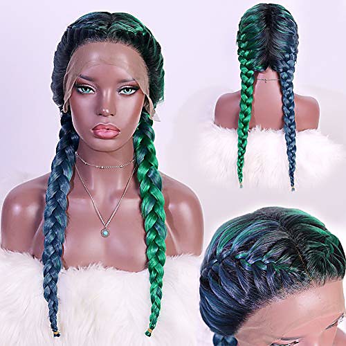 

aiva hair braided lace front wig with braids dark green mixed with light green wig heat resistant synthetic wigs with baby hair pre-plucked hairline hair wig braid for women (green)