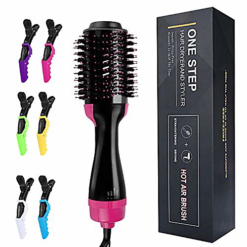 

hot air brush, one step hair dryer & volumizer multi-functional 3-in-1 salon negative ion hair straightener & curly hair comb include 6pcs plastic alligator hair clips