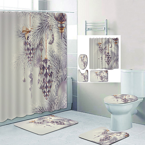 

Silver Pine Pendant Shower Curtain Floor Mat Digital Printing Four-piece Set Hooks Modern Polyester Machine Made Waterproof Bathroom