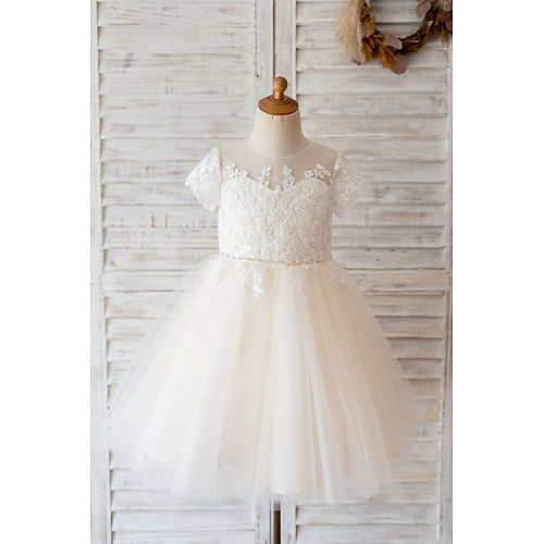

Ball Gown Knee Length Wedding / Birthday Flower Girl Dresses - Lace / Tulle Short Sleeve Jewel Neck with Belt / Buttons / Beading