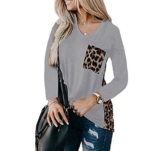 

women' s leopard print t-shirt long sleeve v neck color block tunic tops with pocket(g,s) grey