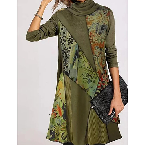 

Women's Shift Dress Knee Length Dress Green Long Sleeve Print Patchwork Print Fall Turtleneck Casual 2021 S M L XL XXL 3XL