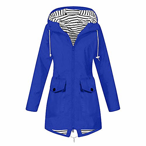 

women's windproof waterproof jacket solid color zipper closed drawstring hooded jacket pocket thin parker coat(blue, xxxxxl)