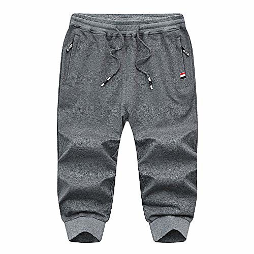 

men's 3/4 joggers below knee running gym capri pants zipper pockets dark grey
