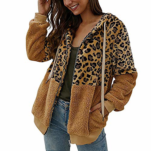 

women coat leopard print warm overcoat long sleeve cardigan zipper keep warm parka jacket khaki