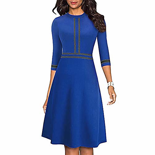 

work chic crew neck 3/4 sleeve stripe splice party homecoming aline dress blue