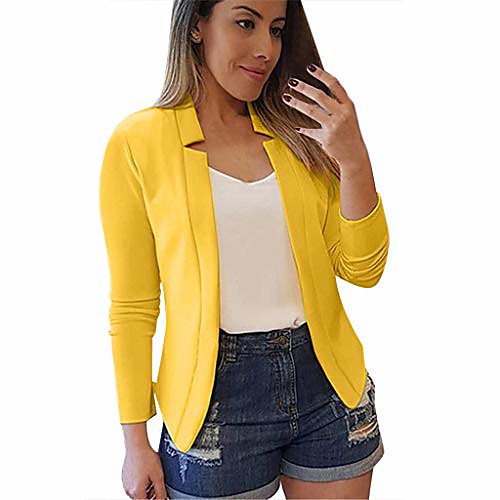 

womens casual professional suit cardigan solid color long sleeve pocket outerwear slim trench coat yellow