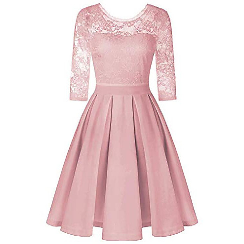 

women's sexy vintage floral 3/4 sleeve solid color slim fit wedding cocktail party lace midi dress pink