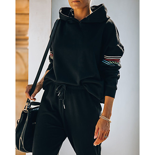 

Women's Basic Striped Causal Daily Two Piece Set Hoodie Tracksuit Pant Loungewear Drawstring Patchwork Tops