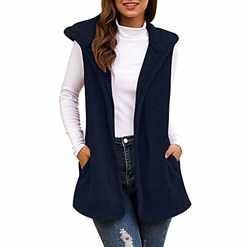 

womens winter faux fur vest fleece teddy bear warm jacket hooded long coat black s