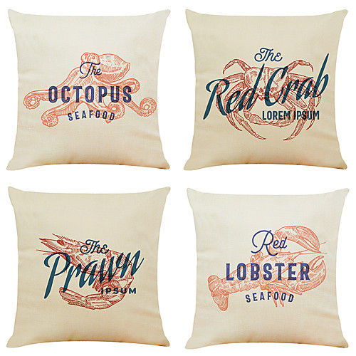 

Set of 4 Personalized Seafood Linen Square Decorative Throw Pillow Cases Sofa Cushion Covers 18x18