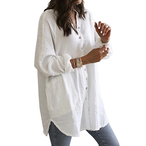 

Women's Shirt Dress Short Mini Dress White Blue Brown Long Sleeve Solid Color Patchwork Summer V Neck 1920s 2021 S M L XL
