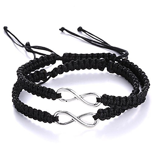 

2pc/set stainless steel 8 infinity couple bracelet braided leather rope bangle wrist adjustable chain fit 7-9 inch for lover friendship (2pc black)
