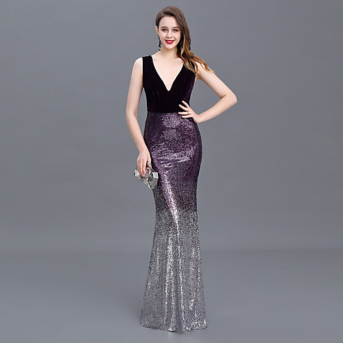 

Mermaid / Trumpet Sparkle Sexy Prom Formal Evening Dress V Neck Sleeveless Floor Length Sequined with Ruched Sequin 2021