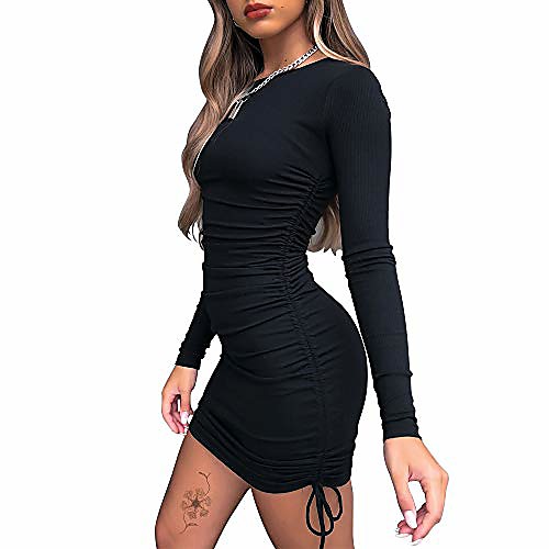 

women's sexy bodycon mini dress ruched long sleeve drawstring club party mini dresses black