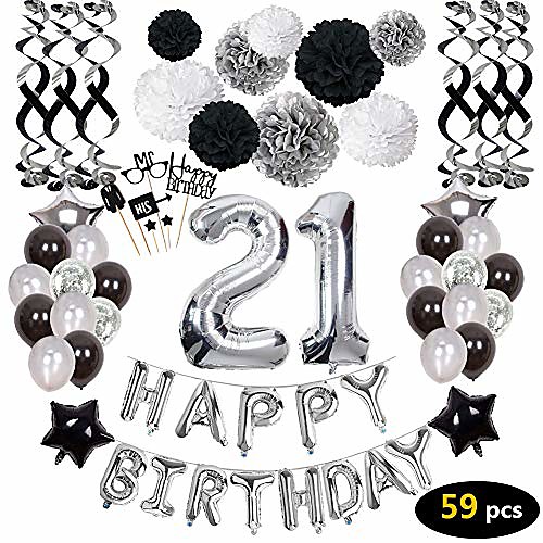 

21st birthday decorations,21st happy birthday decorations balloons party supplies,21 birthday balloons banners confetti hanging swirls paper pompoms cake topper,for her women girls man