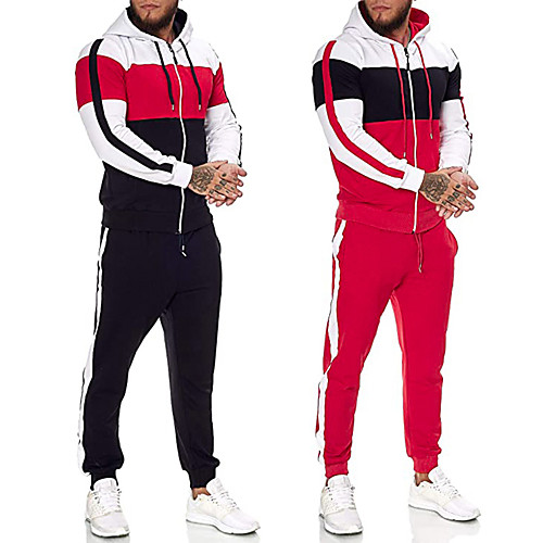 

Men's Activewear Set Color Block Hooded Going out Casual Hoodies Sweatshirts Long Sleeve Black Red