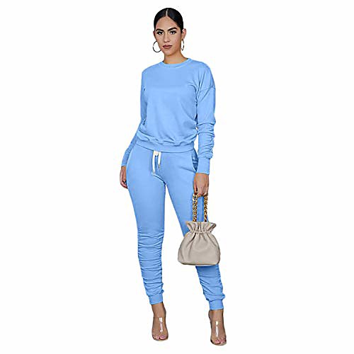 

2 piece outfits for women - pullover sweatsuit tracksuit long sleeve sweatshirt and long pants set sports jumpsuit(light blue l)