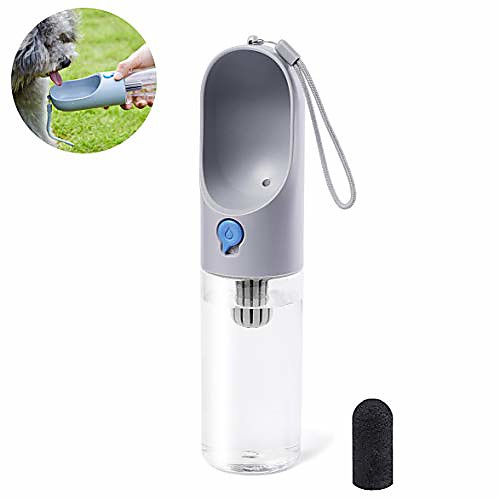 

dog water bottle with filter, leak proof dog water dispenser with drinking bowl, food grade material, lightweight portable pet water bottle for walking, hiking, travel, easy to carry, bpa free