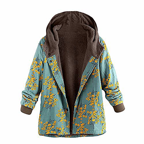 

womens jacket coats flowers floral print boho hooded vintage warm padded loose fleece lined parka plus size 3xl (xl =us:6-10,green-floral)