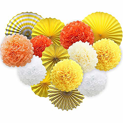 

yellow hanging paper party decorations, round paper fans set paper pom poms flowers for thanksgiving birthday baby shower events accessories