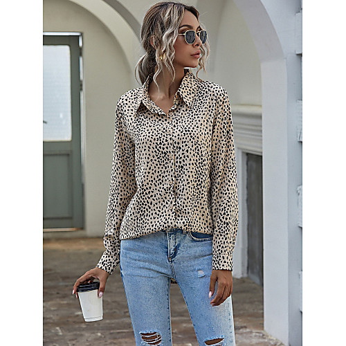 

Women's Blouse Shirt Polka Dot Long Sleeve Shirt Collar Tops Basic Top Khaki