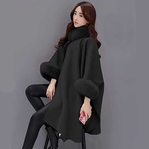

Women's Solid Colored Fur Trim Streetwear Fall & Winter Cloak / Capes Long Daily 3/4 Length Sleeve Polyster Coat Tops Black
