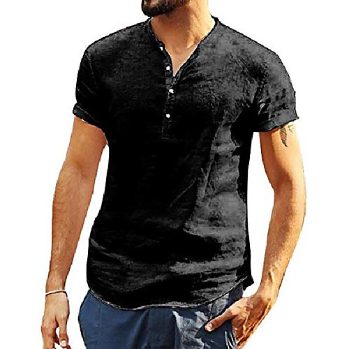

mens v neck linen henley shirts 3/4 sleeve banded collar t-shirt loose fit summer beach tops & #40;m, black& #41;