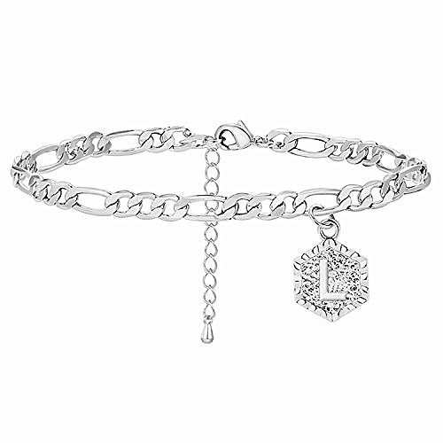 

silver initial anklets for women,cuban chain ankle bracelets for women initial letter barefoot jewelry (l)