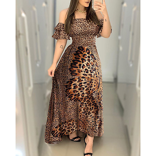 

Women's Sheath Dress Maxi long Dress Brown Short Sleeve Leopard Backless Print Summer Off Shoulder Elegant 2021 S M L XL