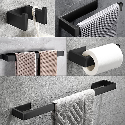 

SUS304 Bathroom Accessory Set Include Robe Hook, Towel Bar, Towel Holder, Toilet Paper Holder, Self-adhesive Matte Black Stainless Steel - Bathroom for Home and Hotel