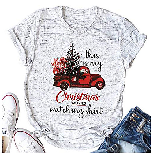 

Women's Christmas T shirt Graphic Car Christmas Tree Print Round Neck Tops Cotton Basic Christmas Basic Top Photo Color