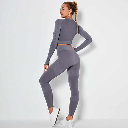 

Women's 2pcs Yoga Suit Winter Seamless Thumbhole Fashion Black Purple Blue Nylon Yoga Fitness Running Cropped Leggings Crop Top Clothing Suit Long Sleeve Sport Activewear Tummy Control Butt Lift