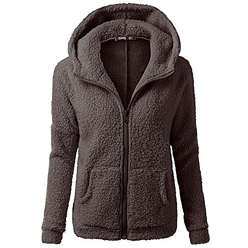 

womens plus size coat winter warm hoodie coat wool zipper solid cotton outwear coffee