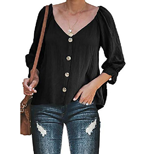 

women 3/4 tie sleeve v neck button up tops casual loose blouses and shirts black medium