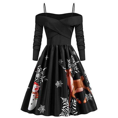 

Women's Swing Dress Midi Dress Black Wine Long Sleeve Print Patchwork Print Fall Off Shoulder Elegant Christmas 2021 S M L XL XXL