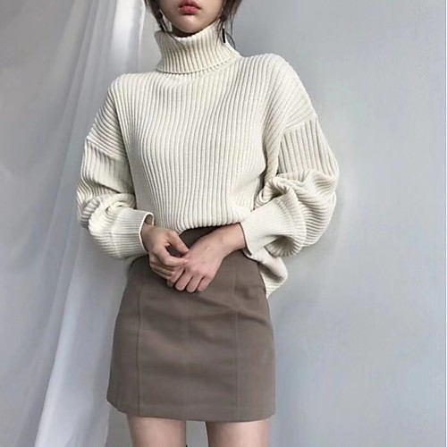 

Women's Knitted Solid Color Pullover Long Sleeve Sweater Cardigans Turtleneck Fall Blue Brown Beige